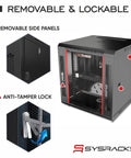 Heavy Duty 9U Wall Mount Server Rack Cabinet With 19 Inch Mounting And 24 Inch Depth featuring removable side panels and anti-tamper lock.