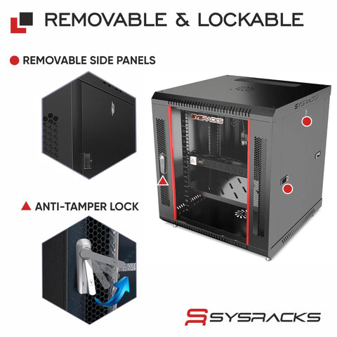 Heavy Duty 9U Wall Mount Server Rack Cabinet With 19 Inch Mounting And 24 Inch Depth featuring removable side panels and anti-tamper lock.