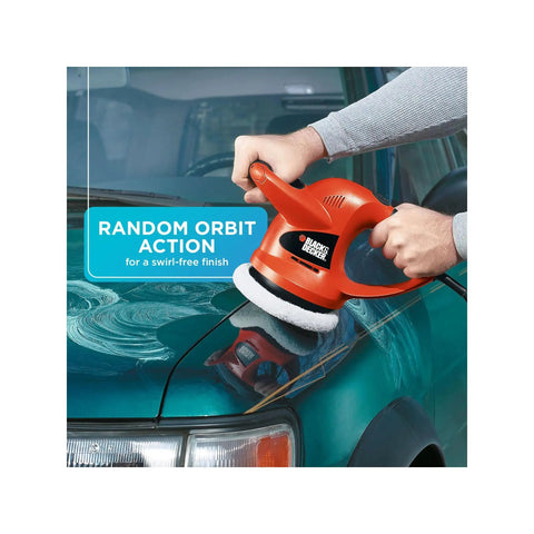 Person using Six Inch Orbital Car Buffer Polisher With Wool And Foam Bonnets, Random Orbit Action, Dual Handle Design, on car hood.