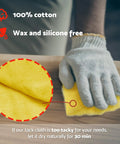 Pro Grade Paint Prep Tack Cloth Kit for Woodworking and Auto Painting in use on wooden surface, cotton glove holding yellow cloth