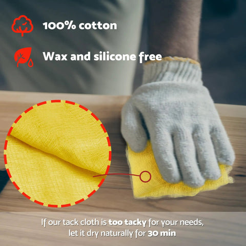 Pro Grade Paint Prep Tack Cloth Kit for Woodworking and Auto Painting in use on wooden surface, cotton glove holding yellow cloth