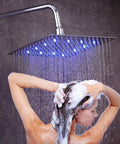 12 Inch LED Rainfall Shower Head With Dope Temperature Sensing Lights, blue indicators in use, high pressure water flow