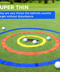 Three Pack Golf Target Circle Training Aid For Putting And Chipping on grass with golf balls; thin design; enhances accuracy.
