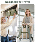 Woman placing green Layover-Ready Underseat Travel Backpack For Airlines With 2 Packing Cubes, Dirt-Resistant 35L Personal Item Bag in overhead bin.