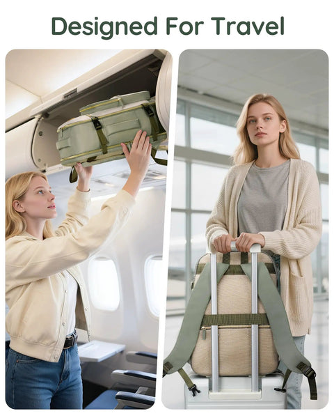 Woman placing green Layover-Ready Underseat Travel Backpack For Airlines With 2 Packing Cubes, Dirt-Resistant 35L Personal Item Bag in overhead bin.
