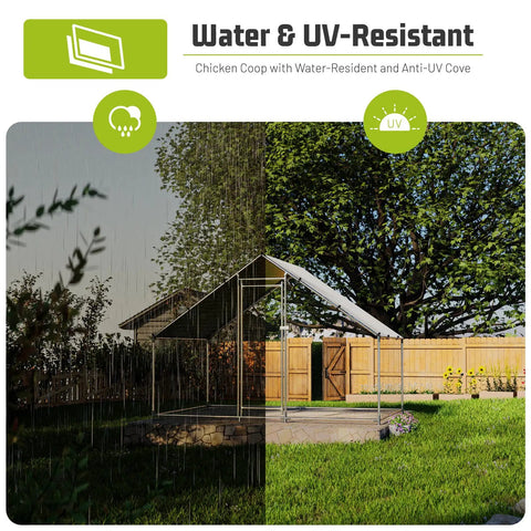 Walk In Metal Chicken Coop With Water Resistant Cover And Anti UV Roof Durable Galvanized Steel Pen in yard, split view: rain and sun