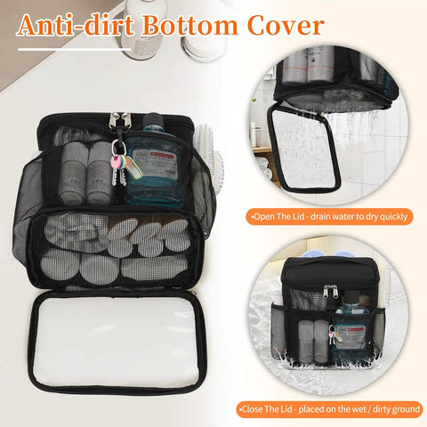 Portable Mesh Shower Caddy for Bathroom Gym Travel Camping with anti-dirt cover open for quick drying, roomy compartments.