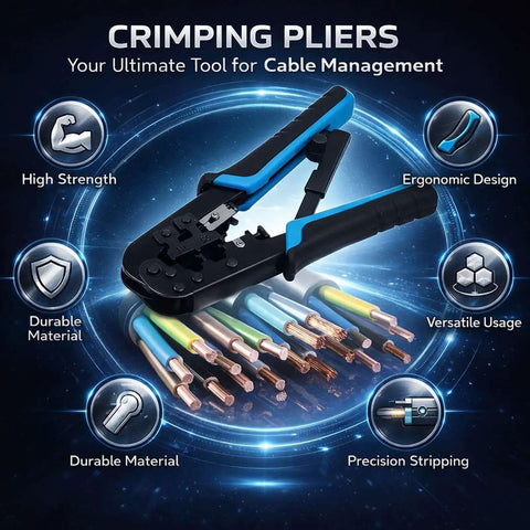 Ratcheting Crimping Tool Kit For Cat5 Ethernet With 8P And 6P Heads Easy Shear Blade, highlighted features diagram