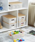 Small Plastic Storage Bins With Bamboo Lids, Stackable Pantry Boxes, 6 Pack, Cream White, 10 X 7.2 X 4.1 Inches shown in cubby