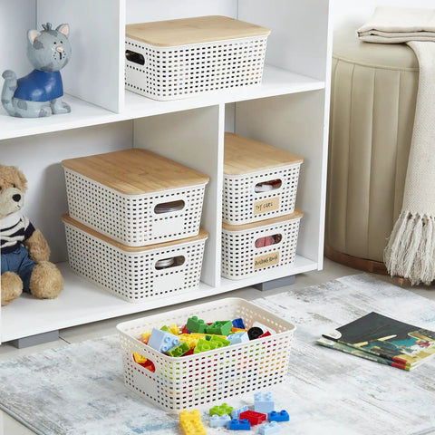 Small Plastic Storage Bins With Bamboo Lids, Stackable Pantry Boxes, 6 Pack, Cream White, 10 X 7.2 X 4.1 Inches shown in cubby