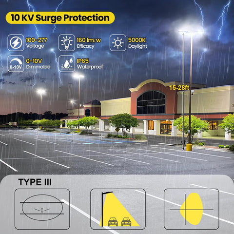Switchable LED Parking Lot Light For Driveways And Lots 150W 180W 200W With 32000 Lumen, 5000K Daylight, Dusk To Dawn Photocell