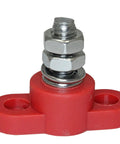 Heavy Duty Red Insulated Battery Power Junction Terminal Block With 3/8 Inch Lug and solid mounting threads for high current wiring.