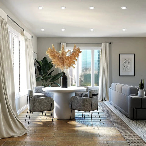 Modern living room with decor and Smart WiFi Flood Light Bulbs With E26 Base 900 Lumens 100W Equivalent 10W BR30 LED ceiling lights.