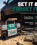 Heavy Duty 12V Air Compressor Tire Inflator With Auto Shut Off Digital Preset 150PSI displayed on rocky terrain next to a vehicle.