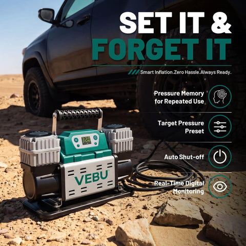Heavy Duty 12V Air Compressor Tire Inflator With Auto Shut Off Digital Preset 150PSI displayed on rocky terrain next to a vehicle.