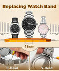 All In One Watch Repair Tool Kit With Press Tool And Link Removal Set Spring Bar Tool Set showcased with watches and tools
