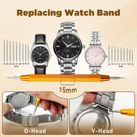 All In One Watch Repair Tool Kit With Press Tool And Link Removal Set Spring Bar Tool Set showcased with watches and tools
