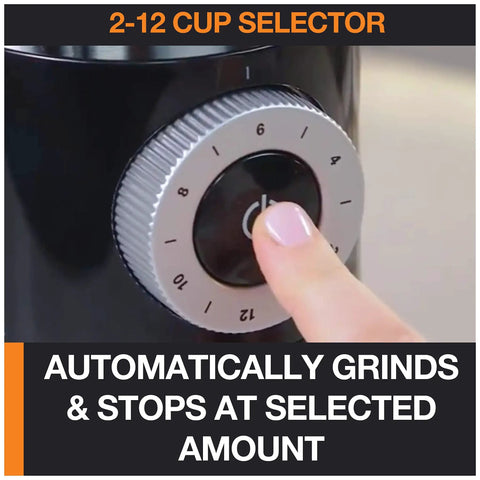 Close-up of dial on Home Barista Ready Burr Coffee Grinder With 12 Grind Settings And 8 Oz Capacity, adjusting grind amount.