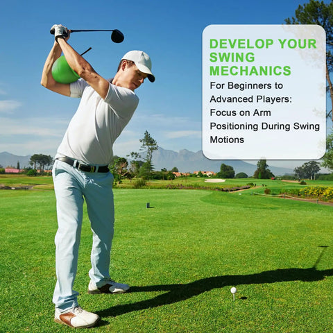 Golfer using The Connector Golf Training Aid For Posture Correction And Swing Mechanics on green course, focusing on arm position.