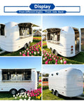 13 Foot White Mobile Catering Trailer Turnkey Commercial Food Truck With Fully Equipped Kitchen Setup Dot Approved, viewed from front, side, and back in a flower field.