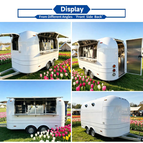 13 Foot White Mobile Catering Trailer Turnkey Commercial Food Truck With Fully Equipped Kitchen Setup Dot Approved, viewed from front, side, and back in a flower field.