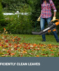 Person using 3 In 1 Leaf Blower Mulcher Vacuum For Easy Lawn Care With 350 CFM Airflow And 210 MPH Mulches Leaves At 18 To 1 Ratio