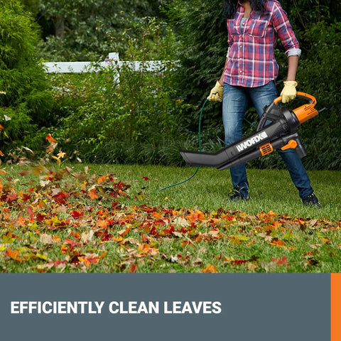 Person using 3 In 1 Leaf Blower Mulcher Vacuum For Easy Lawn Care With 350 CFM Airflow And 210 MPH Mulches Leaves At 18 To 1 Ratio