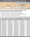 Size chart for Heavy Duty Locking Drawer Slides With Lock, Full Extension Ball Bearing Rails, Side Mount, 14 to 40 Inch Length.