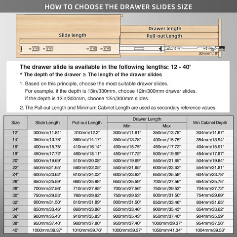Size chart for Heavy Duty Locking Drawer Slides With Lock, Full Extension Ball Bearing Rails, Side Mount, 14 to 40 Inch Length.