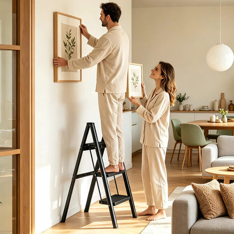 3 Step Aluminum Folding Ladder With Wide Anti Slip Pedals, Lightweight Portable Step Stool For Home, Garage, And Workshop, Rubber Feet For Floor Protection, Stable, Safe, And Easy To Store in black, used indoors