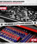 Before and after comparison showing unorganized loose sockets and organized 12 Piece Magnetic Socket Organizer Set For Quarter Inch, Three Eighths Inch, And One Half Inch Drive SAE And Metric, Detachable Tray With 5mm Magnetic Base, Holds 143 Sockets, Modular Garage And Home Workshop Storage.