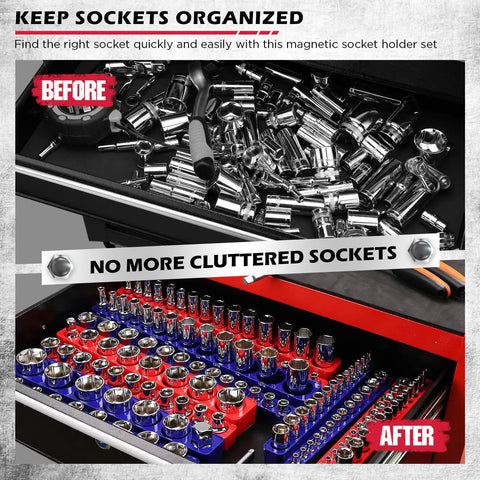 Before and after comparison showing unorganized loose sockets and organized 12 Piece Magnetic Socket Organizer Set For Quarter Inch, Three Eighths Inch, And One Half Inch Drive SAE And Metric, Detachable Tray With 5mm Magnetic Base, Holds 143 Sockets, Modular Garage And Home Workshop Storage.