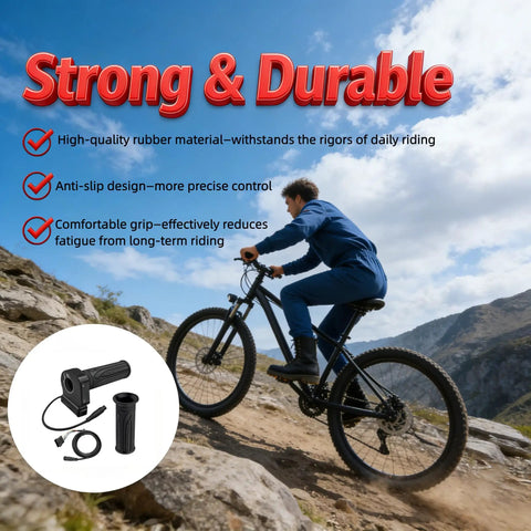 48V Electric Bike Twist Throttle Grip With LCD Voltage Display And Cruise Control 6 Pin Connector For Folding E Bikes shown in use on mountain trail