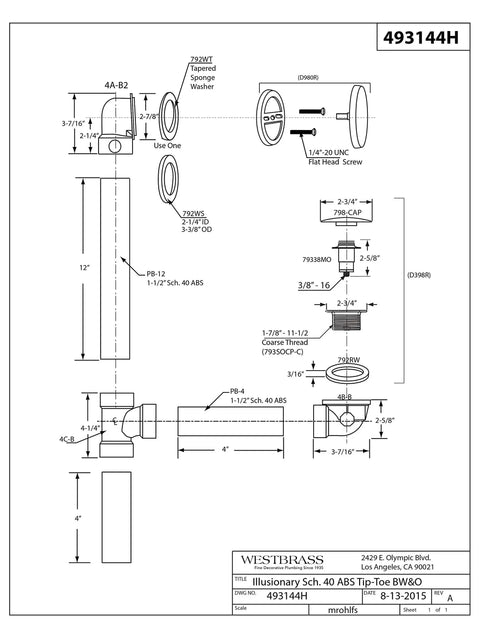 Blueprint of 12 Inch And 4 Inch Bath Waste And Overflow Assembly Kit With Tip Toe Drain Plug, Illusionary Faceplate, SCH 40 ABS Pipe