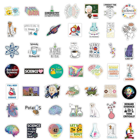 100 Piece Science Stickers Pack For Chemistry Biology Physics Nerds, variety of colorful educational decals for school projects