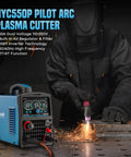 Operator using 55A Plasma Cutter With Dual Voltage 110 And 220 Volt, Inverter IGBT Technology, Large LED Display, for metal cutting.