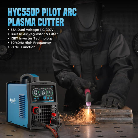 Operator using 55A Plasma Cutter With Dual Voltage 110 And 220 Volt, Inverter IGBT Technology, Large LED Display, for metal cutting.