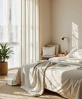 Stripe Linen Curtains 52x84 Inch for Living Room Cozy Vibe Taupe and White Grommet Drapes With Light Filtering installed in bedroom.