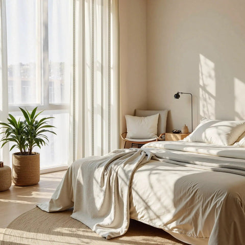 Stripe Linen Curtains 52x84 Inch for Living Room Cozy Vibe Taupe and White Grommet Drapes With Light Filtering installed in bedroom.