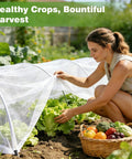 Woman adjusting Lightweight Reusable Garden Netting Pest Barrier 10x50 Ft Insect Mesh Pro Grade over vegetables in a garden.