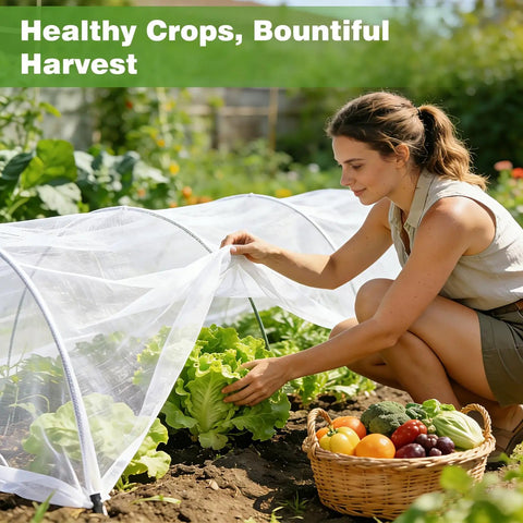 Woman adjusting Lightweight Reusable Garden Netting Pest Barrier 10x50 Ft Insect Mesh Pro Grade over vegetables in a garden.