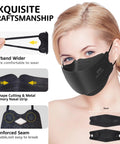 Close-up of model wearing KN95 Face Masks 50 Pack Breathable Comfort Disposable Respirator Masks For Daily Use Black High Filtration Efficiency Over 95 Percent Lightweight Yet Protective Great For Work Travel And Everyday Safety On The Go with features labeled for earband, V shape cutting, and reinforced seam.