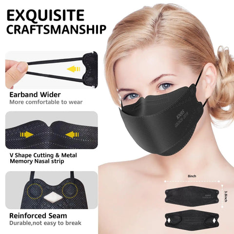 Close-up of model wearing KN95 Face Masks 50 Pack Breathable Comfort Disposable Respirator Masks For Daily Use Black High Filtration Efficiency Over 95 Percent Lightweight Yet Protective Great For Work Travel And Everyday Safety On The Go with features labeled for earband, V shape cutting, and reinforced seam.