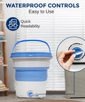 Portable Mini Washing Machine For On The Go Laundry, Lightweight Collapsible Bucket Washer and Dryer, 1kg capacity, blue, waterproof controls in close-up