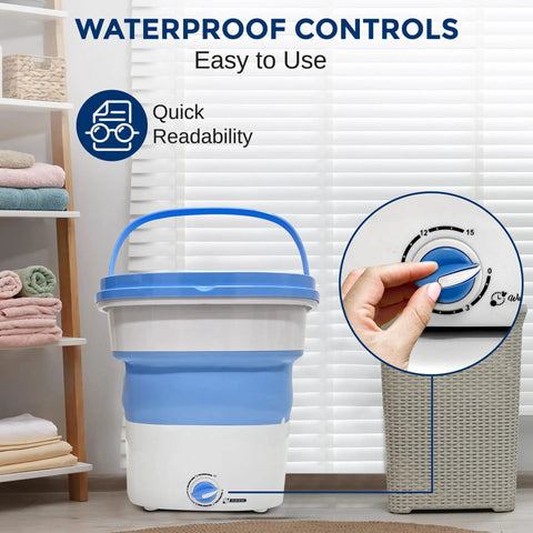 Portable Mini Washing Machine For On The Go Laundry, Lightweight Collapsible Bucket Washer and Dryer, 1kg capacity, blue, waterproof controls in close-up
