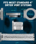 Magnetic 4 Inch Dryer Vent Connector Kit With 2.6 Ft Duct showing dimensions and fittings for easy cleaning and airflow improvement