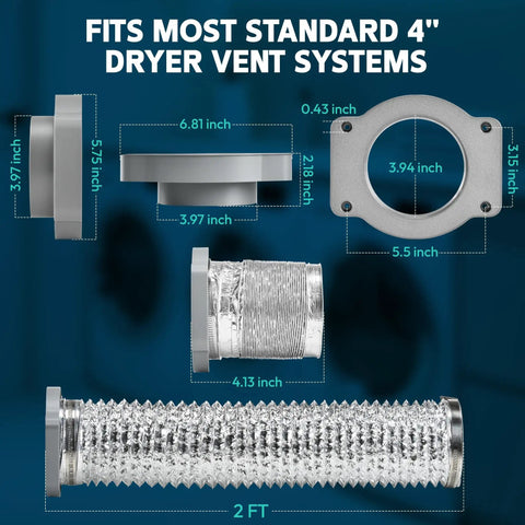 Magnetic 4 Inch Dryer Vent Connector Kit With 2.6 Ft Duct showing dimensions and fittings for easy cleaning and airflow improvement