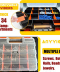 Open view of 34-Compartment Double-Sided Parts Organizer with Removable Dividers, showing screws and bolts in clear-lid compartments.
