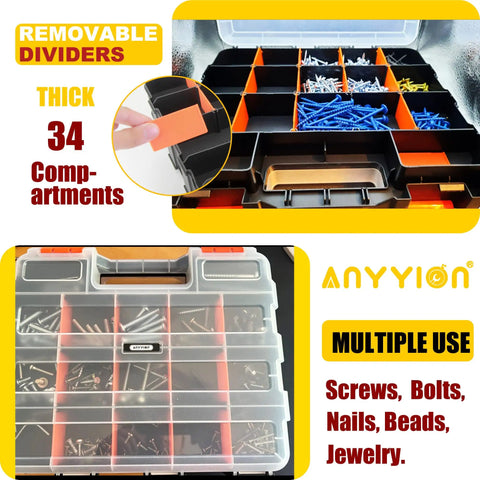 Open view of 34-Compartment Double-Sided Parts Organizer with Removable Dividers, showing screws and bolts in clear-lid compartments.
