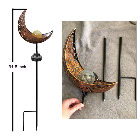 2 Pack Solar Moon Lights With Crackle Glass Globes In Antique Brass Finish On Durable Metal Stakes For Outdoor Waterproof Setup